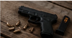 Handgun and magazine on a training bench