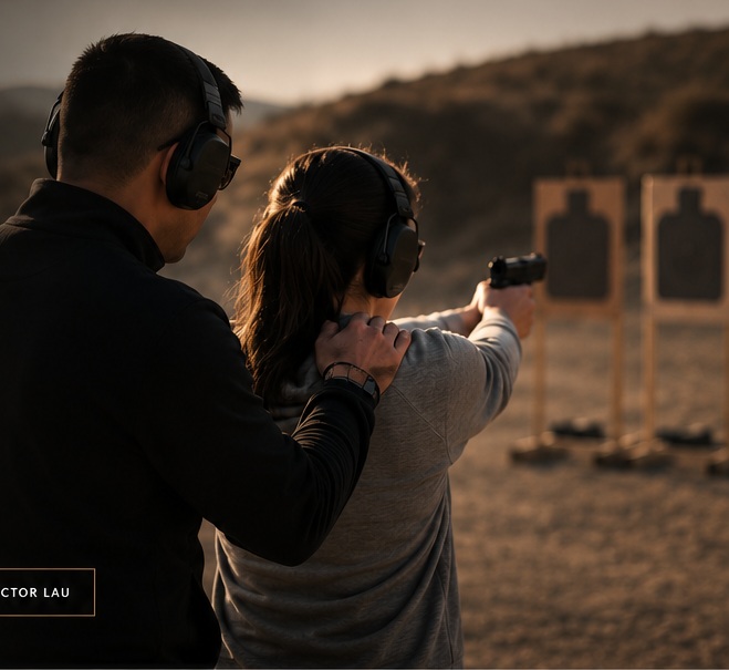 Instructor Lau coaching a student during live-fire handgun training